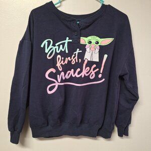 Yoda Grogu But First Snacks Crew Neck Sweatshirt Girls 12 14 Dark Blue Star Wars